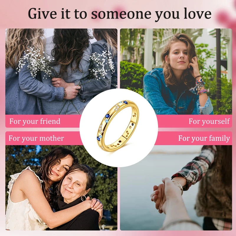 Original 925 Sterling Silver Sparkling Golden Star Firefly Moon Ring For Women Girls Jewelry Birthday Anniversary Gifts