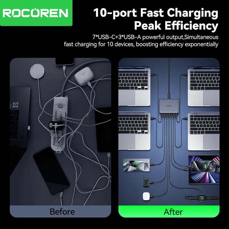 Rocoren Chargeur GaN USB Type C 400 W Station d'alimentation de bureau portable 10 en 1 Chargeur rapide Type-C pour iPhone 16 Pro Max MacBook Air