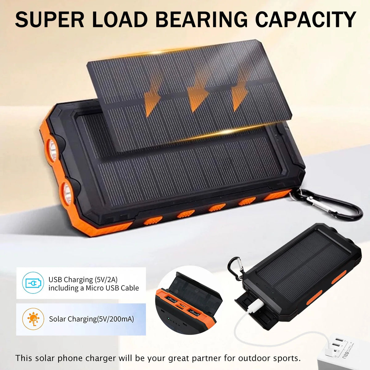 ソーラーモバイルバッテリー 20000mAh – 防水、LED懐中電灯＆コンパス付き