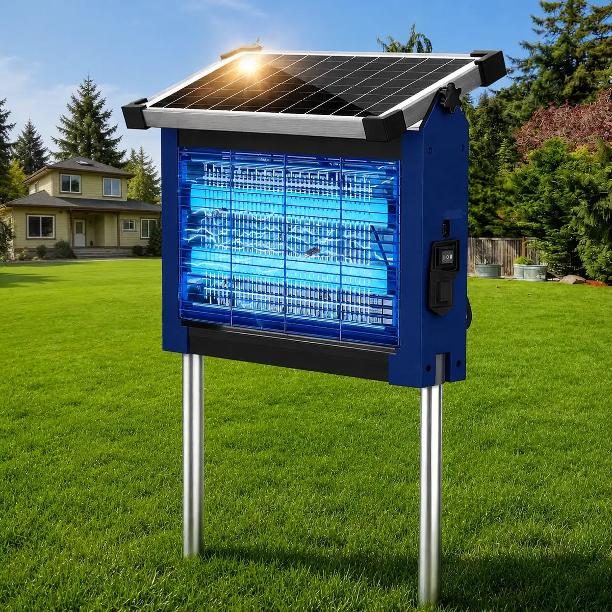 Anti-moustique solaire extérieur étanche, Destructeur d'insectes sans fil haute puissance 4500V, Rechargeable double solaire et USB pour patio et jardin