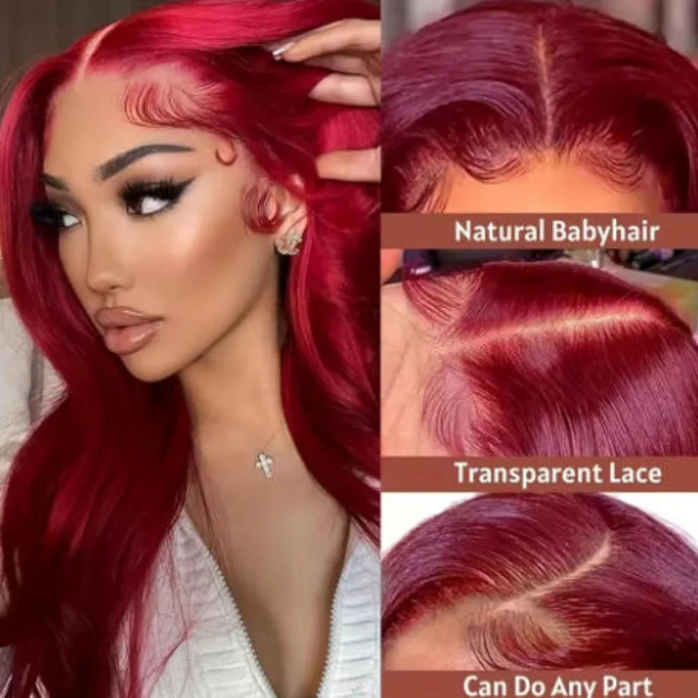34-Zoll-Perücke aus menschlichem brasilianischem Haar, 99J Burgundy, glatt, 13x4 HD-transparente Lace-Front-Perücke, vorgezupfter natürlicher Haaransatz für Frauen