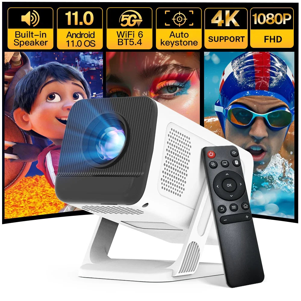Smart Mini Projecteur 1080P Support 4K avec WiFi 6 et BT 5.4 Applications intégrées Android TV Correction Trapézoïdale Automatique Rotation à 180° Vidéoprojecteur Extérieur