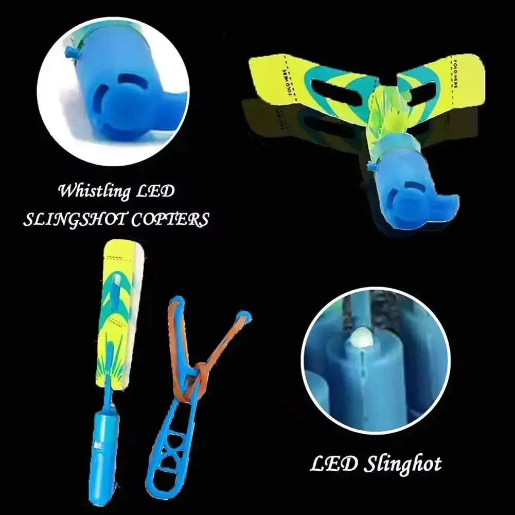 5 piezas de helicópteros voladores con luz LED tipo resortera, juguetes de cohete con flecha luminosa, recuerdos para fiestas al aire libre, helicópteros que brillan en la oscuridad para niños