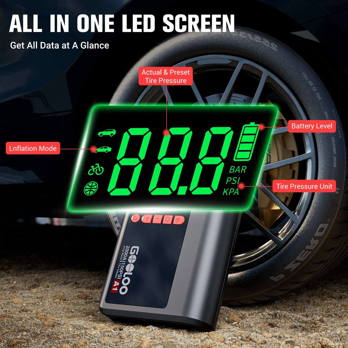 GOOLOO A1 Jump Starter with Air Compressor,2000A Portable Car BatterGOy Booster (7.0 Gas/5.5L Diesel) with 150PSI Air Compressor