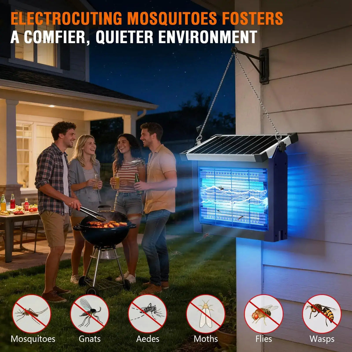 Anti-moustique solaire extérieur étanche, Destructeur d'insectes sans fil haute puissance 4500V, Rechargeable double solaire et USB pour patio et jardin