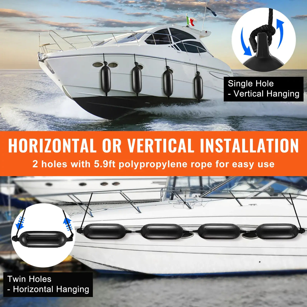 SucceBuy aufblasbarer gerippter Fender mit mittigen Öffnungen, Bootsfender für Steg und Marineboote, mit Luftpumpe, 4 Nadeln, 4 Seilen und Aufbewahrungstasche