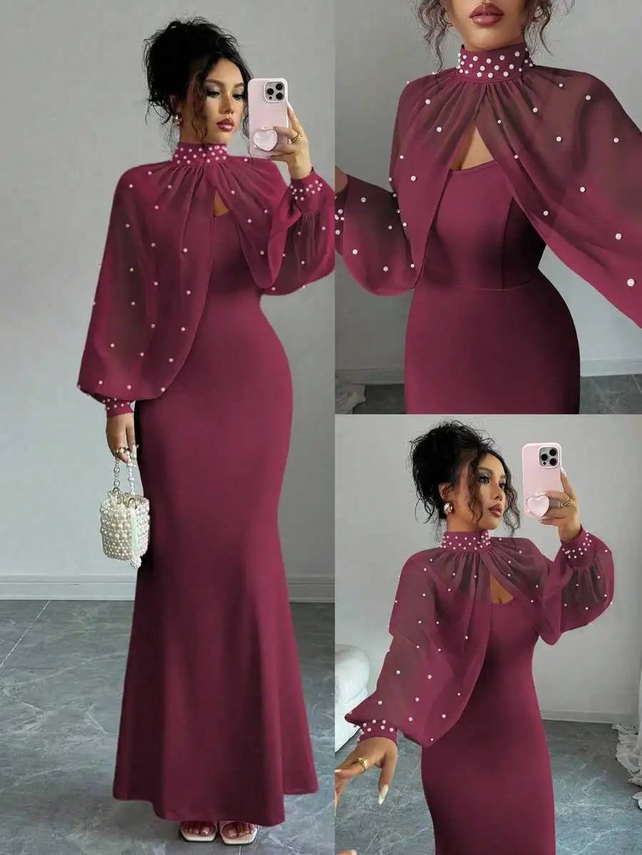 Elegante vestido de sirena rosa con capa transparente de pedrería, conjunto de vestido ajustado