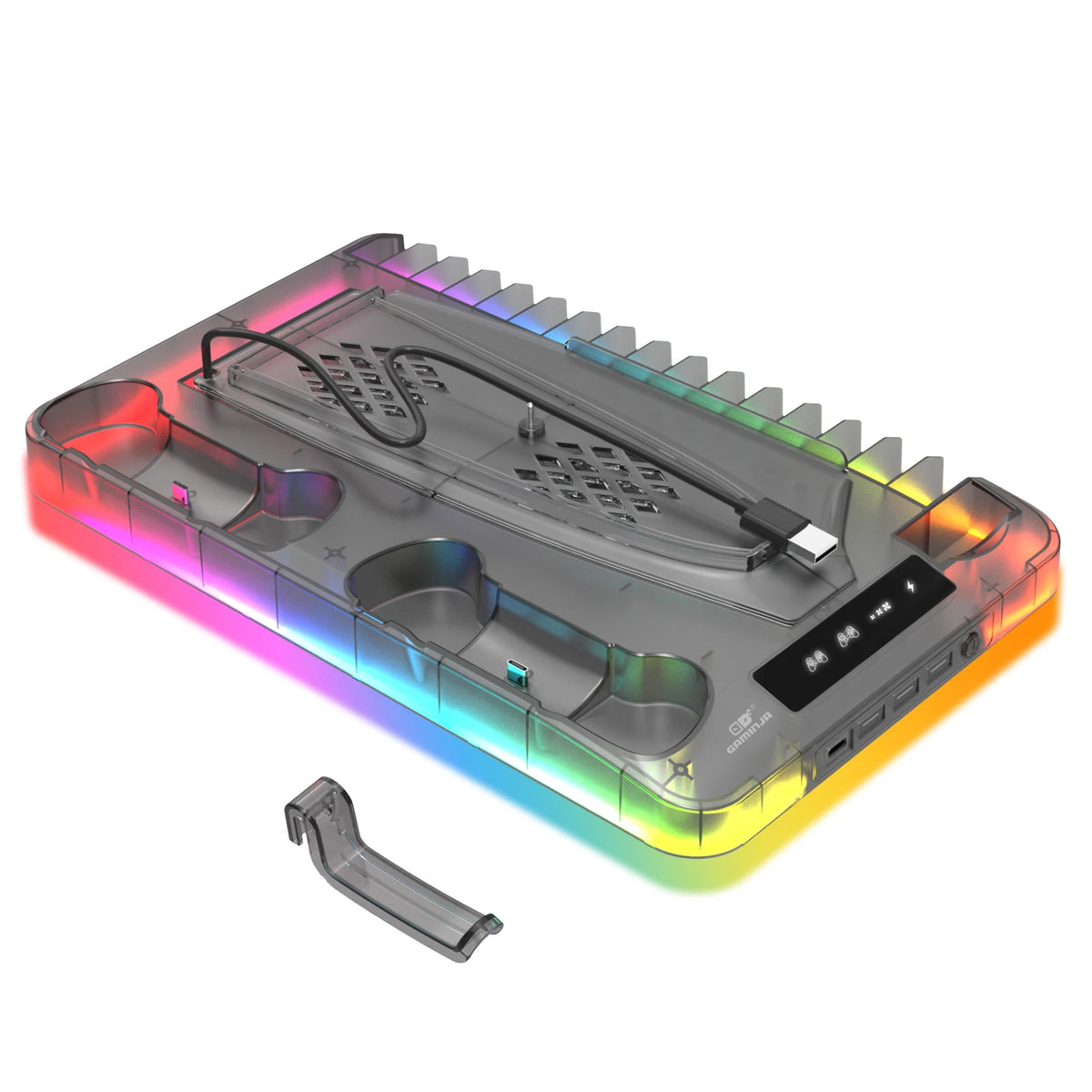 Soporte de refrigeración RGB GAMINJA P58 para consola PS5 Slim, base de carga para mando, gancho para auriculares y estante de almacenamiento de juegos en CD para PS5 versión con disco y digital