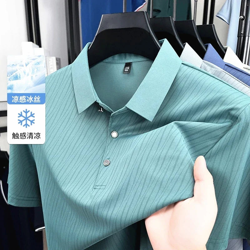 Men's Fashion Ice Silk Polo Shirt Cool Touch Fabric With Diagonal Line Print Short Sleeve For Business