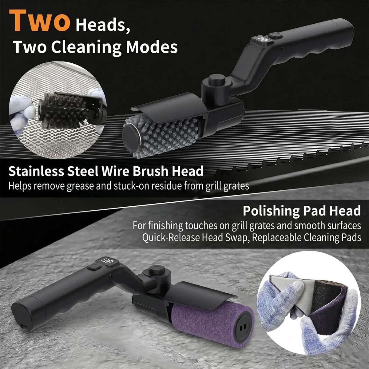 Cepillo de limpieza eléctrico recargable para parrilla con cabezal de fregado giratorio y 3 modos de velocidad