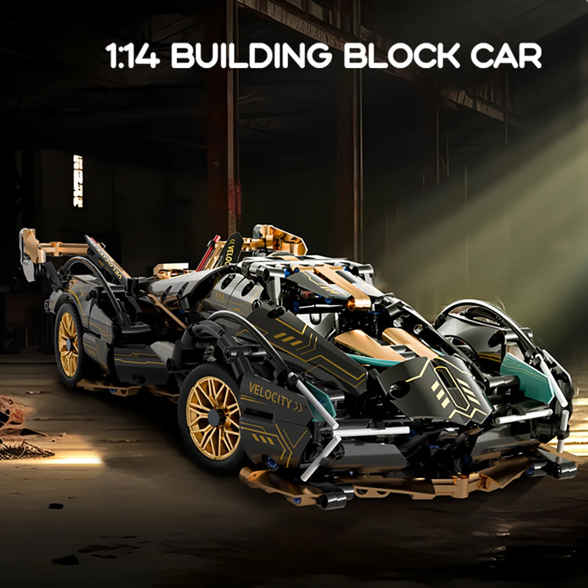 KAVOWORLD 1/14スケール スーパーカー ブロックセット 981ピース ブラック＆ゴールド スポーツカー 組み立ておもちゃ 可動式リアウイング 開閉式コックピット DIY建設モデルキット 誕生日・クリスマスプレゼントに最適