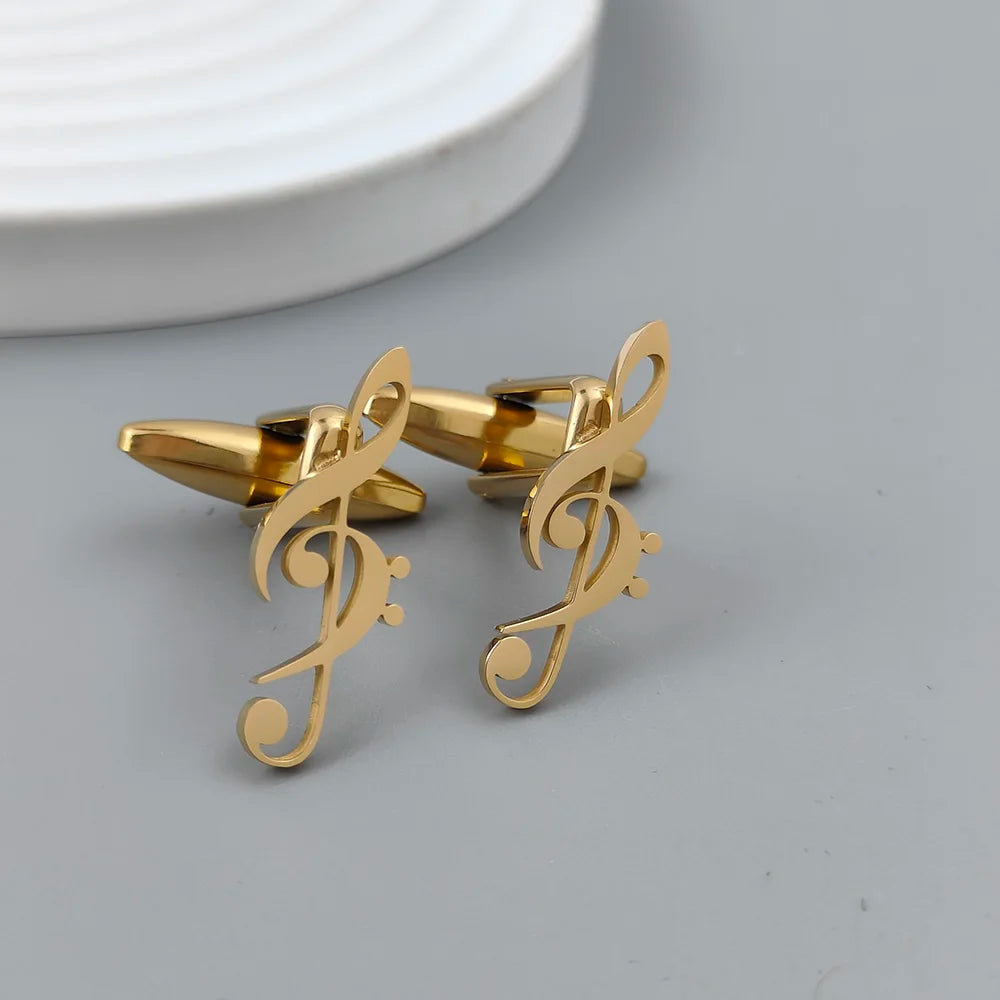 Boutons de manchette uniques en acier inoxydable plaqué or 18 carats : motif clé de sol, épinglette à la mode, cadeau pour les amis