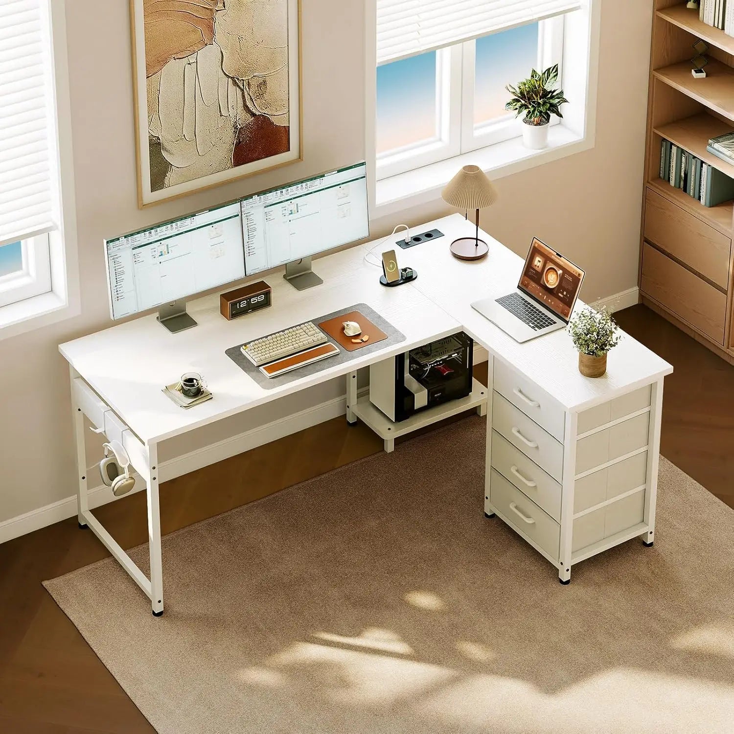 Colehome Corner desk with 4 Drawers, Reversible desk with Home Office Storage, 135 × 100 cm Bianco