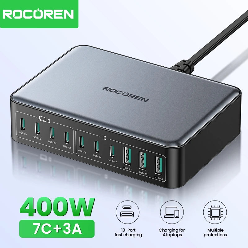 Rocoren Chargeur GaN USB Type C 400 W Station d'alimentation de bureau portable 10 en 1 Chargeur rapide Type-C pour iPhone 16 Pro Max MacBook Air