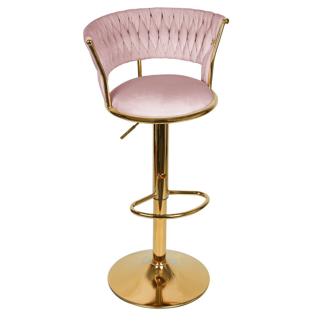 2 Set Bar stool with woven back and foot rest, pivoting stool, height adjustable, metal splayed Base + velvet padded seat, gray/pink/blue/black