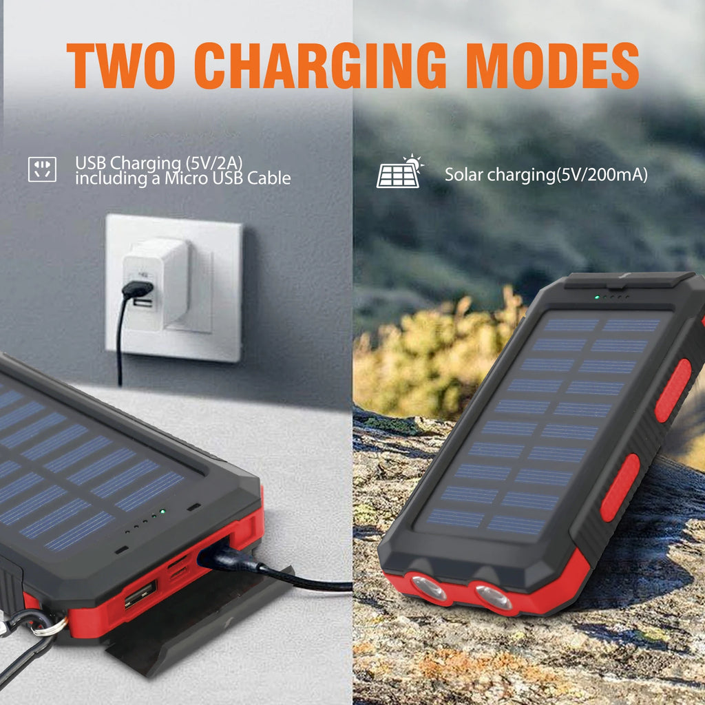 ソーラーモバイルバッテリー 20000mAh – 防水、LED懐中電灯＆コンパス付き