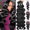 24–26 Inch Body Wave Human Hair Bundles with 4x4 Lace Closure, Brazilian Remy Hair, 3 Bundles + Closure