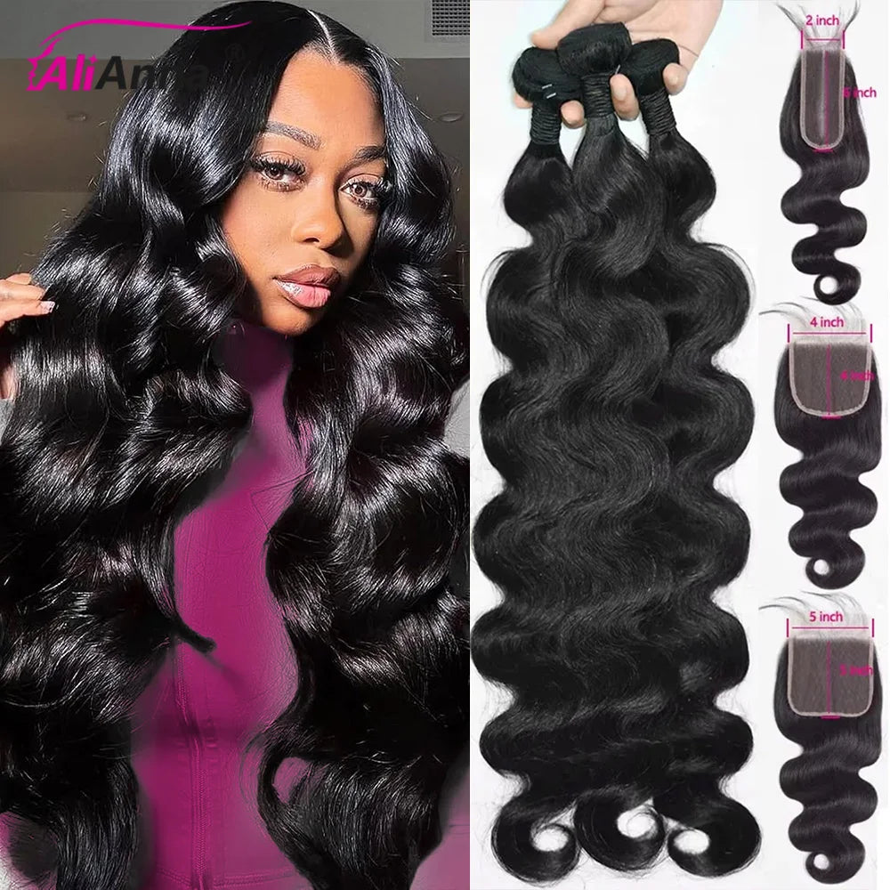 24–26 Inch Body Wave Human Hair Bundles with 4x4 Lace Closure, Brazilian Remy Hair, 3 Bundles + Closure