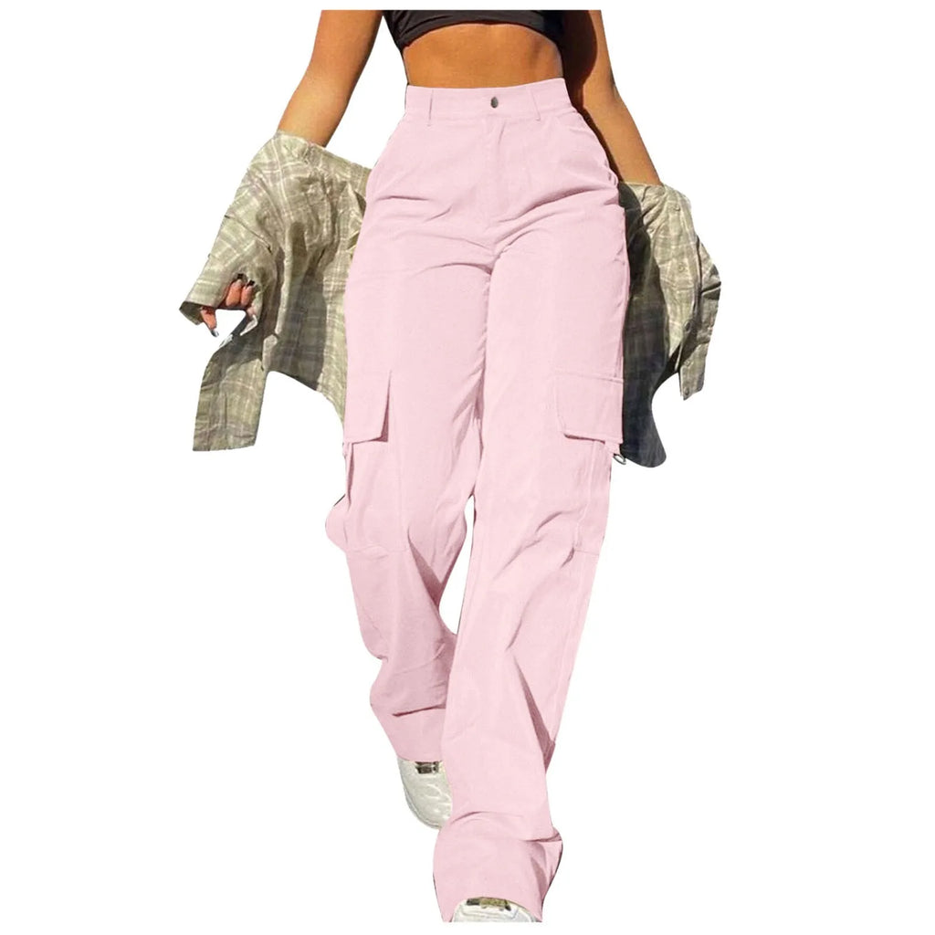 Pantalones cargo de mujer con bolsillos, elásticos, de tiro alto, informales, de pierna recta y ancha, largos, deportivos y tipo jogger
