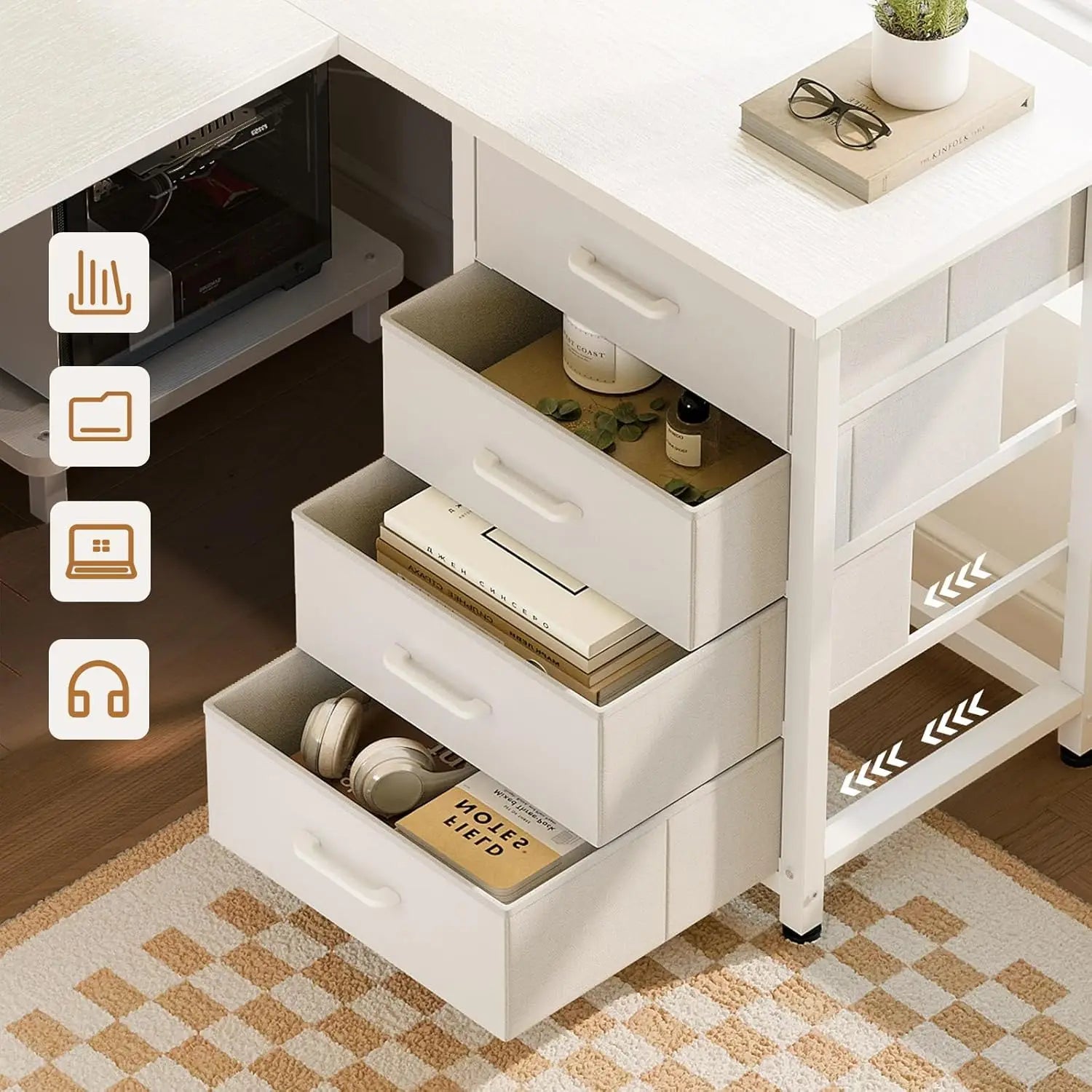 Colehome Corner desk with 4 Drawers, Reversible desk with Home Office Storage, 135 × 100 cm Bianco