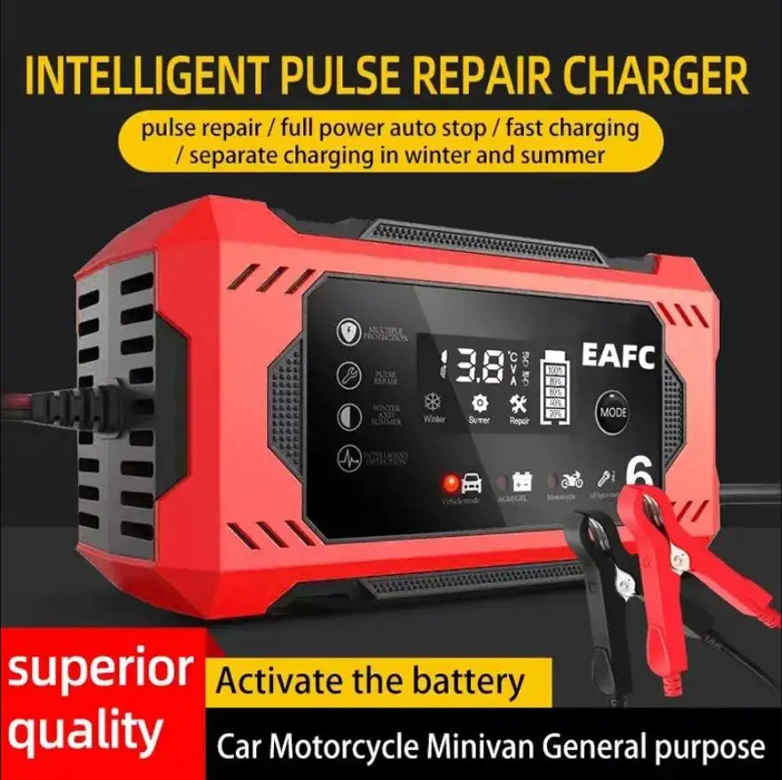 Cargador de batería inteligente EAFC 6A 12V con pantalla LCD para reparación de baterías de coche y moto, unidad de carga para baterías de plomo-ácido