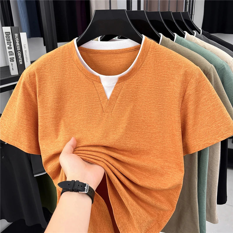 Men's Fashion V Neck T Shirt With Fake Two Piece Detail Soft Elastic Fabric For Daily And Casual Use