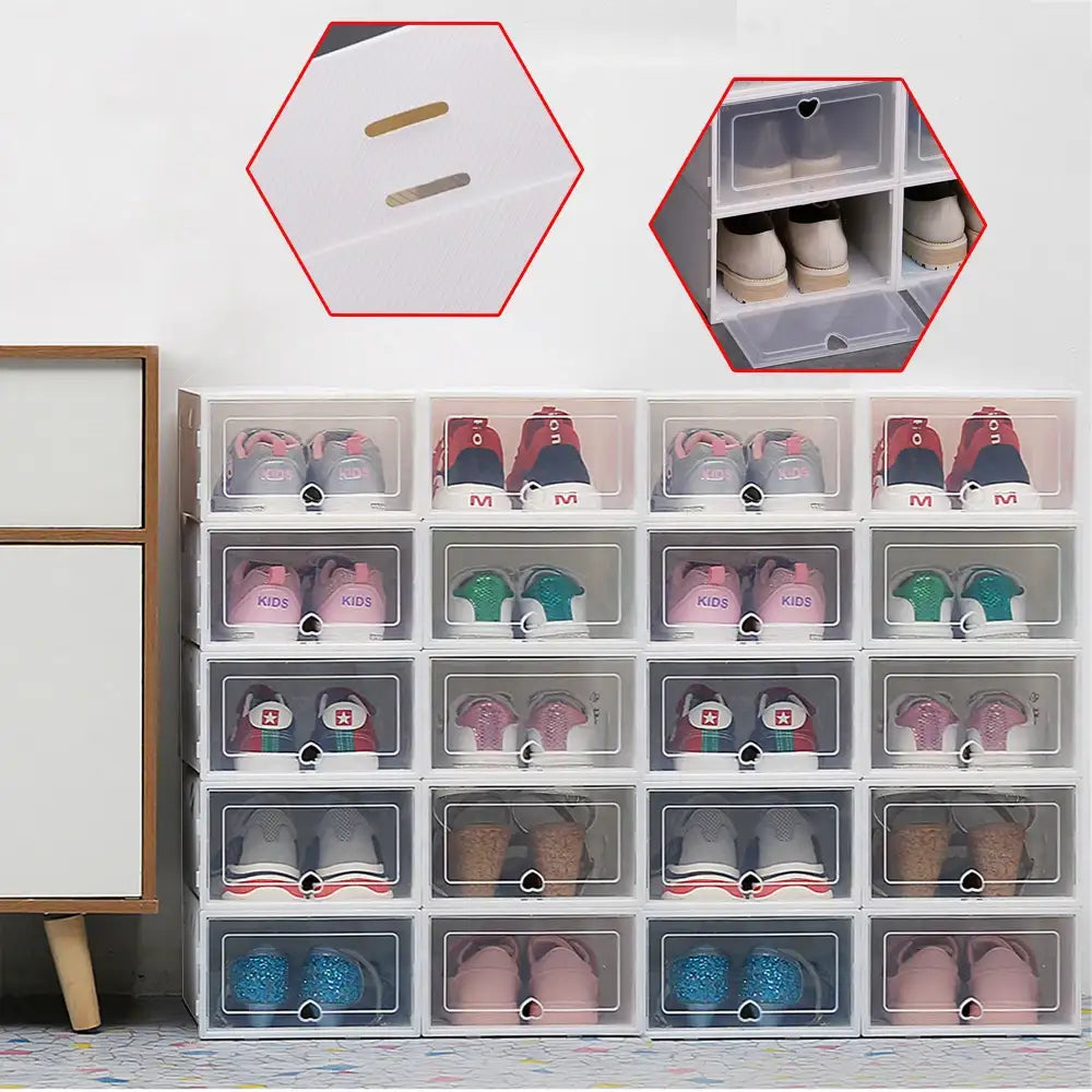 Pack of 20 Shoe Boxes Stackable Foldable Transparent Plastic Container Shoe Box with Lid White Shoe Organizer with Drawer