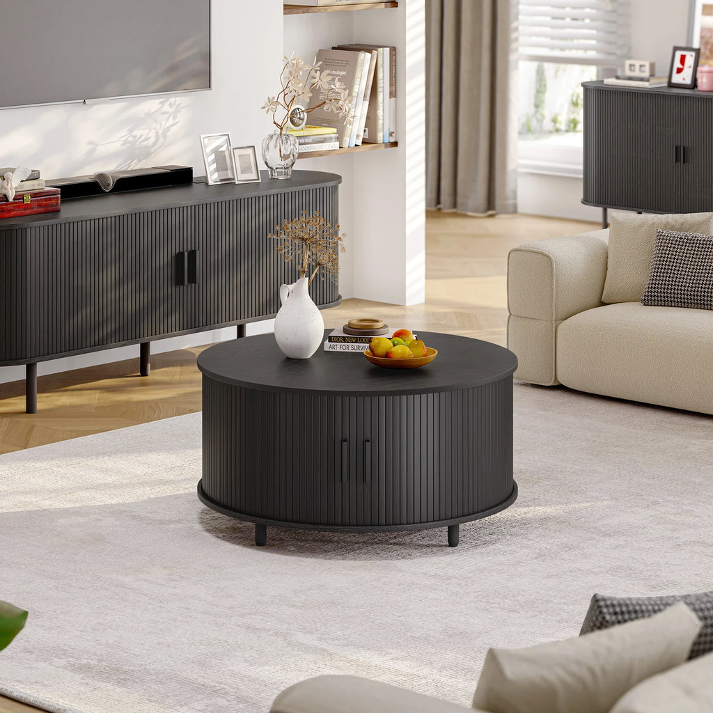 Round Coffee Table 31.5" – Fluted Wood, Curved Sliding Door