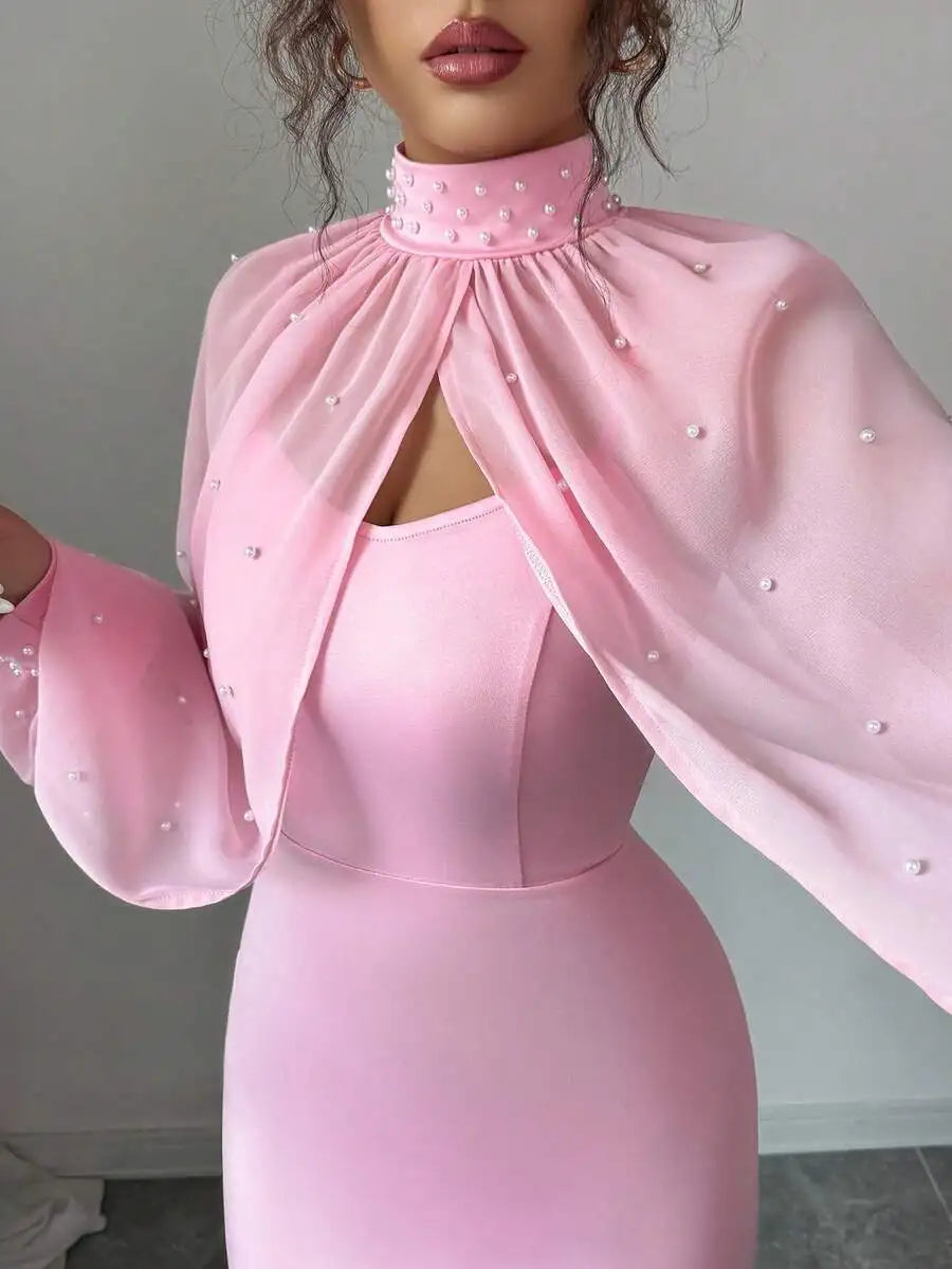 Elegante vestido de sirena rosa con capa transparente de pedrería, conjunto de vestido ajustado