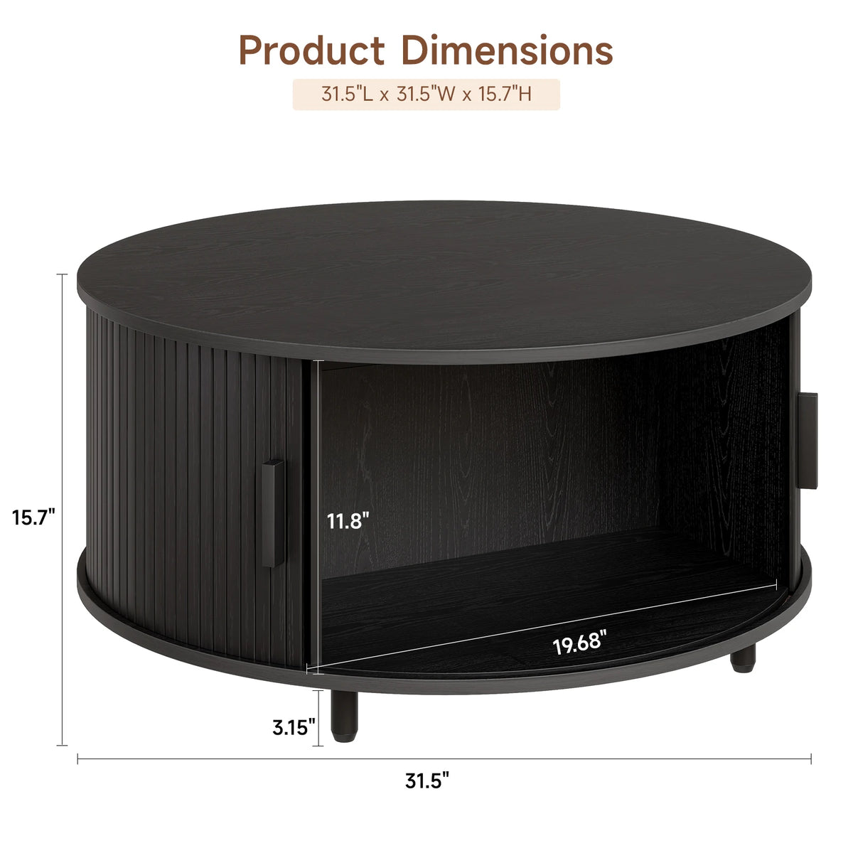 Round Coffee Table 31.5" – Fluted Wood, Curved Sliding Door