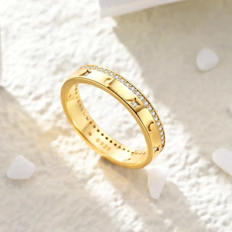 Original 925 Sterling Silver Sparkling Golden Star Firefly Moon Ring For Women Girls Jewelry Birthday Anniversary Gifts