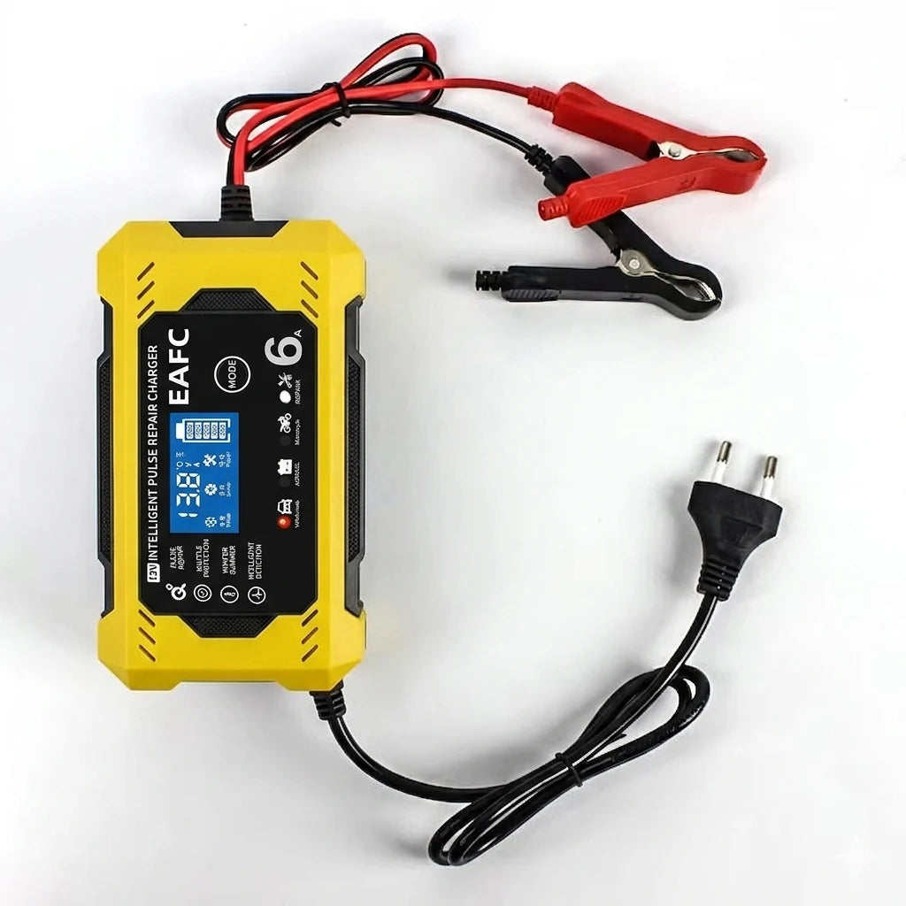 Cargador de batería inteligente EAFC 6A 12V con pantalla LCD para reparación de baterías de coche y moto, unidad de carga para baterías de plomo-ácido