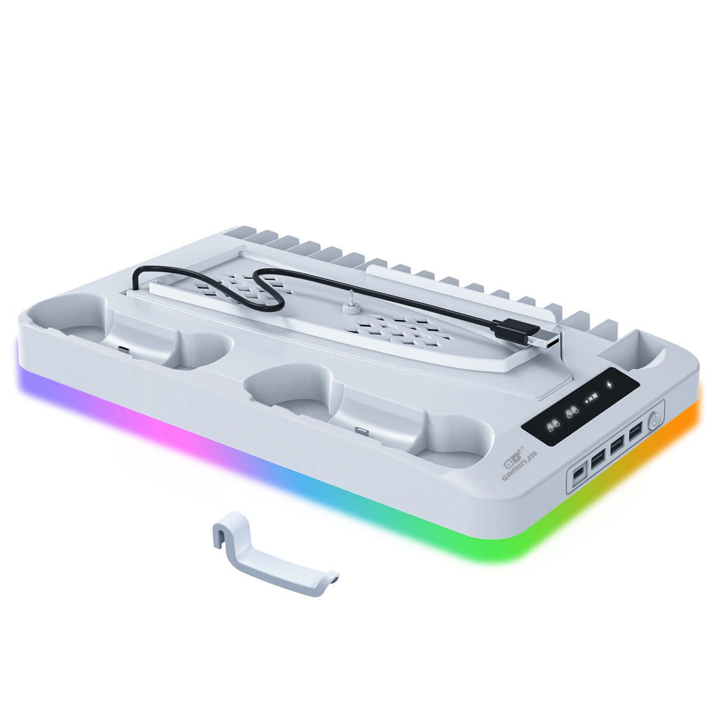 Soporte de refrigeración RGB GAMINJA P58 para consola PS5 Slim, base de carga para mando, gancho para auriculares y estante de almacenamiento de juegos en CD para PS5 versión con disco y digital
