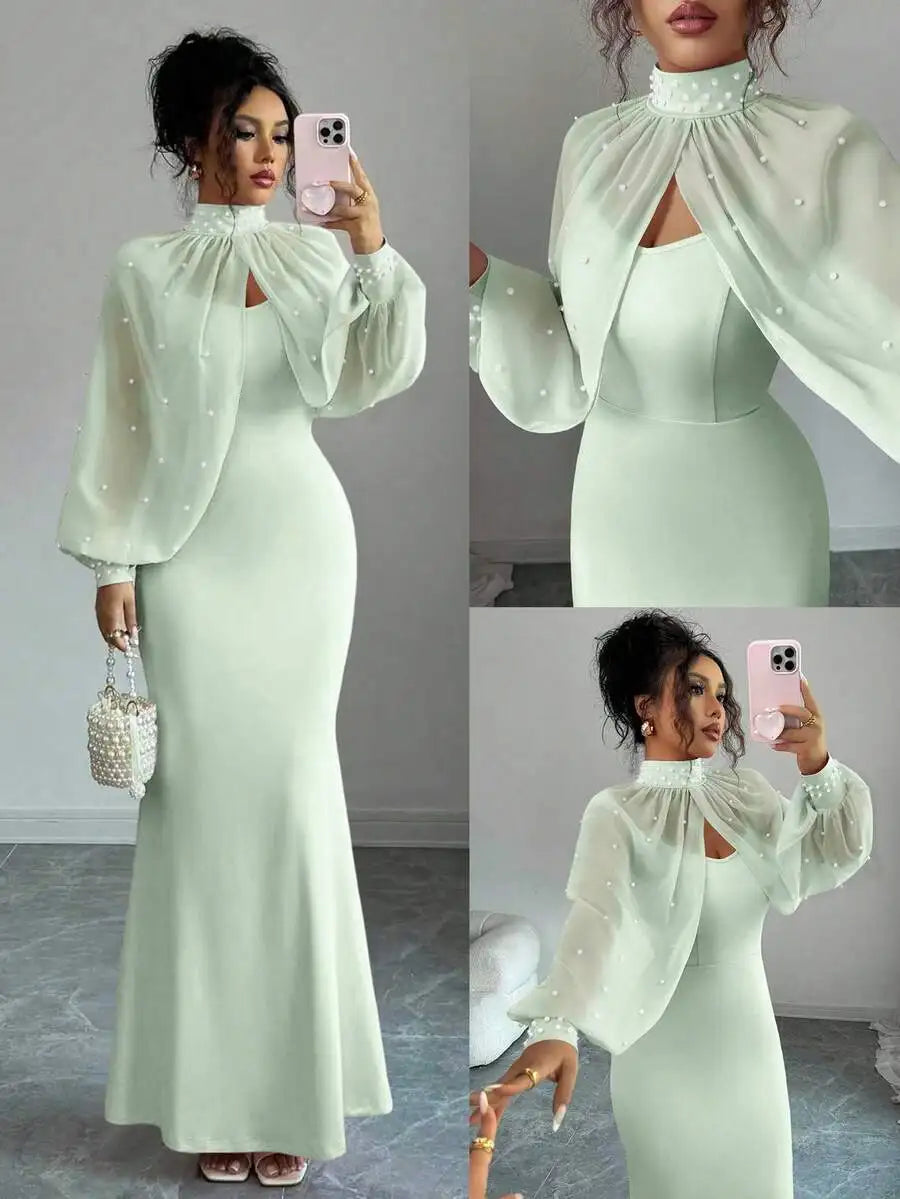 Elegante vestido de sirena rosa con capa transparente de pedrería, conjunto de vestido ajustado