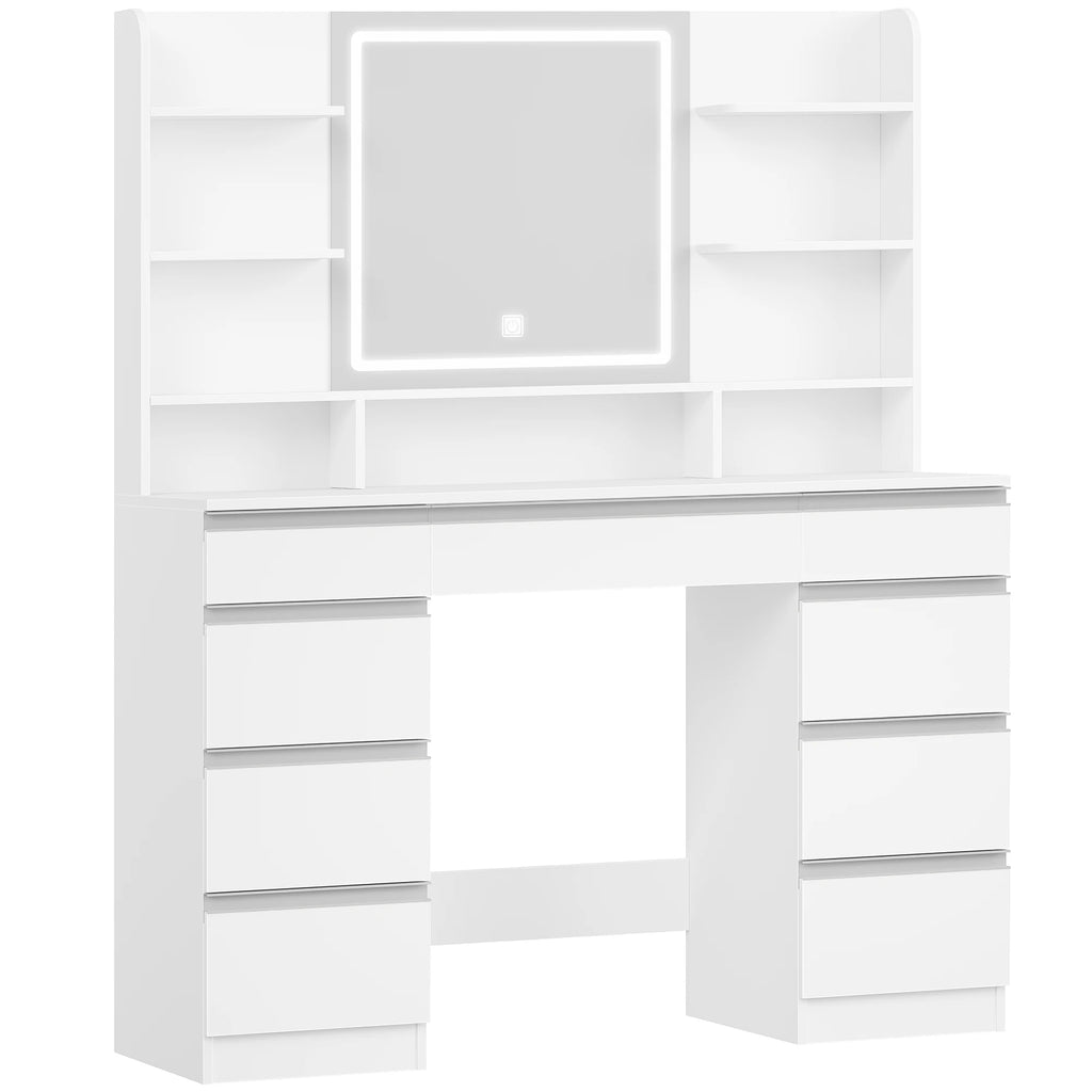 Large Dressing Table with LED Lighting, 3 Colours, Brightness Control,  with Mirror, 9 Drawers, 9 Open Shelves