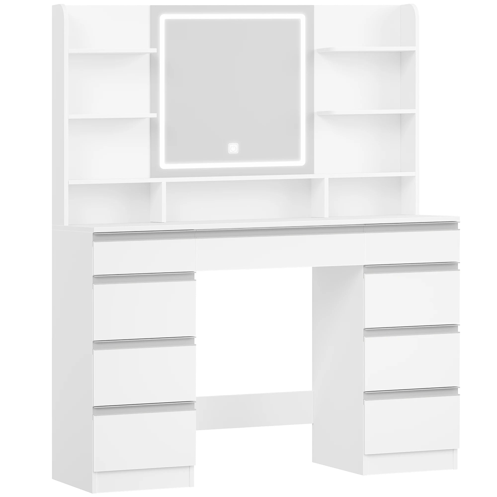 Large Dressing Table with LED Lighting, 3 Colours, Brightness Control,  with Mirror, 9 Drawers, 9 Open Shelves