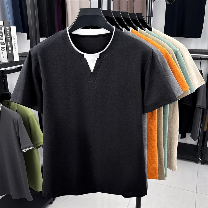 Men's Fashion V Neck T Shirt With Fake Two Piece Detail Soft Elastic Fabric For Daily And Casual Use