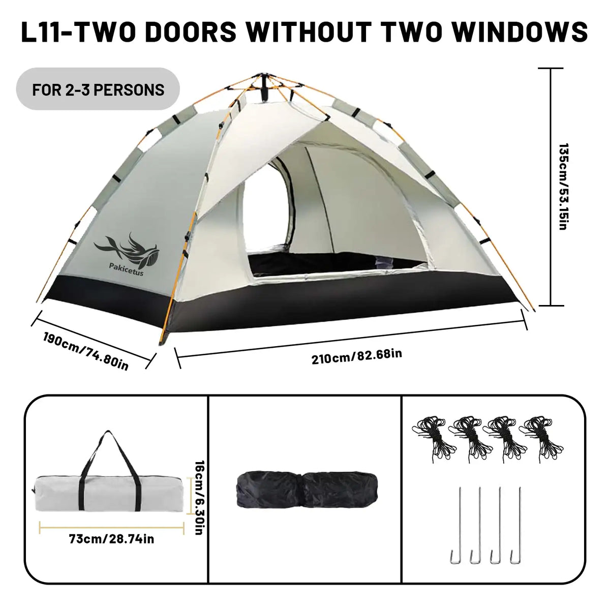 PAKICETUS automatisches Pop-up-Campingzelt für 2-4 Personen, sofort und schnell aufstellbares, tragbares winddichtes Zelt, leichtes Trekking-Zelt für Outdoor-Reisen, Wanderungen und Picknicks