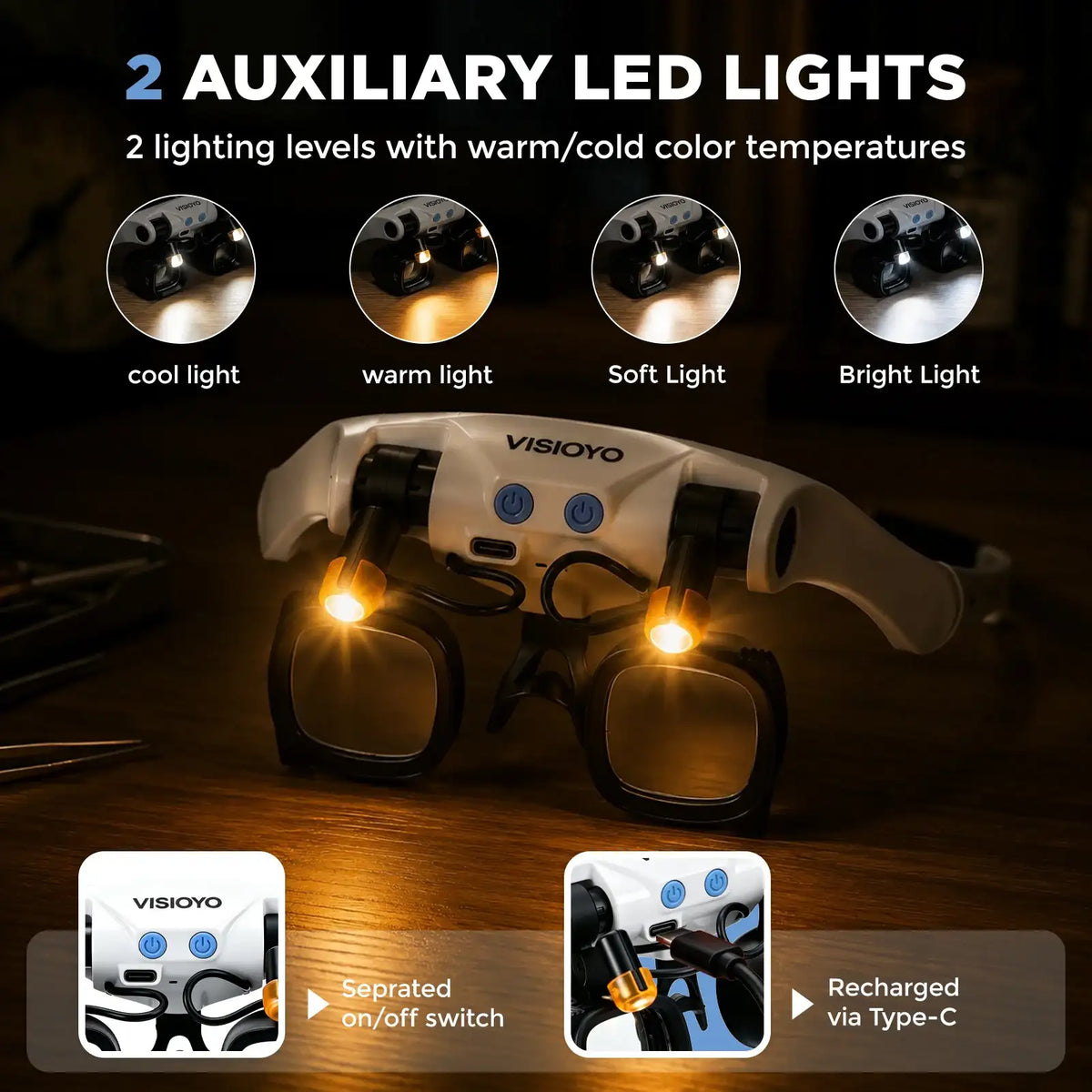 LED-Lupe zum Aufsetzen + Mini-Klappvergrößerungsglas (2er-Pack) mit Aufbewahrungstasche und austauschbaren Linsen mit 2X, 4X, 6X, 10X, 13X, geeignet für Naharbeiten, Uhrenreparatur, Löten von Leiterplatten, Handgravur und Juw