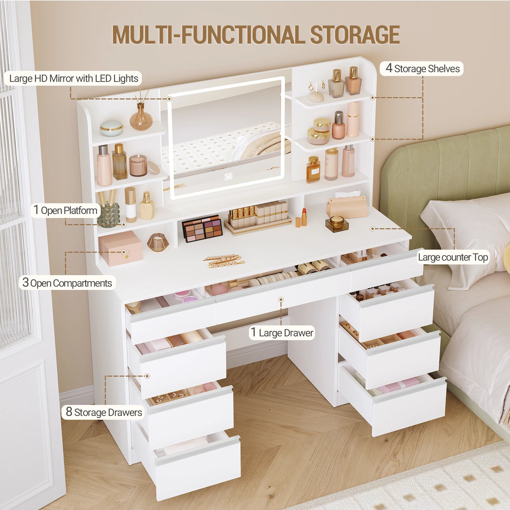 Large Dressing Table with LED Lighting, 3 Colours, Brightness Control,  with Mirror, 9 Drawers, 9 Open Shelves