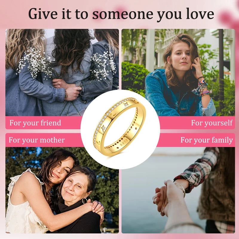 Original 925 Sterling Silver Sparkling Golden Star Firefly Moon Ring For Women Girls Jewelry Birthday Anniversary Gifts