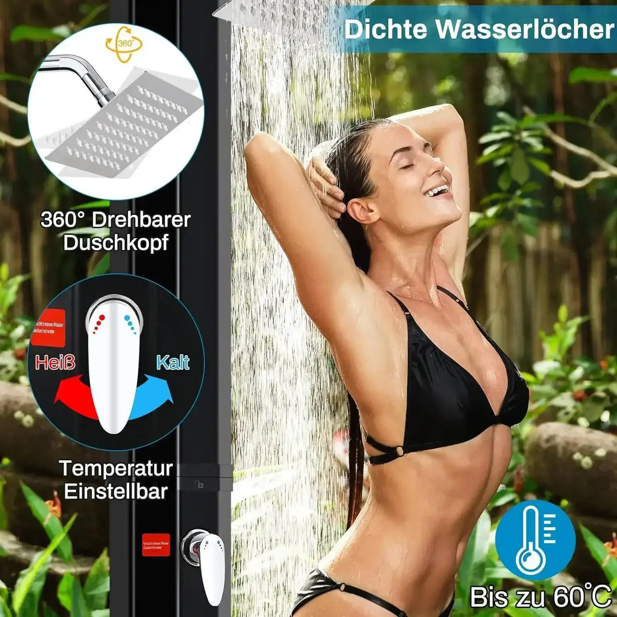 Ducha solar exterior independiente de 60 L, duchas de piscina para exteriores, columna de ducha solar de 228 cm de altura con cabezal giratorio de 360°