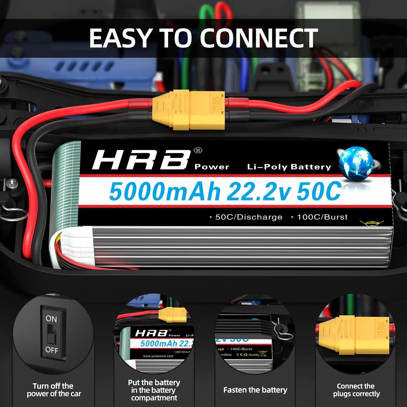 1/2PCS HRB 6S Lipo Battery 22.2V 5000mah Drone Battery 50C With XT90 Connector for Quadcopter AirplaneRC Car Monster RC Drone