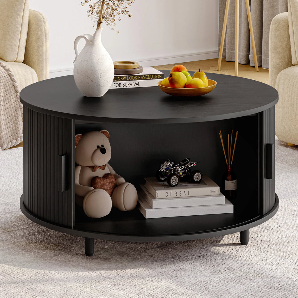 Round Coffee Table 31.5" – Fluted Wood, Curved Sliding Door