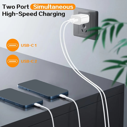 20W USB-C Fast Charger – Dual Port with 10FT Cable, iPhone 15/16