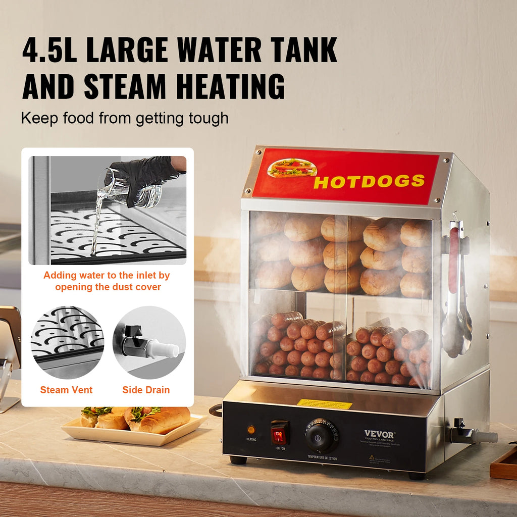 Vaporera para hot dogs SucceBuy de 27/37 L y 2 niveles con control de temperatura, calentador eléctrico de acero inoxidable para hot dogs y panes para cine
