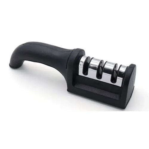 Black 3-stage knife sharpener with three metal sharpening slots and curved handle
