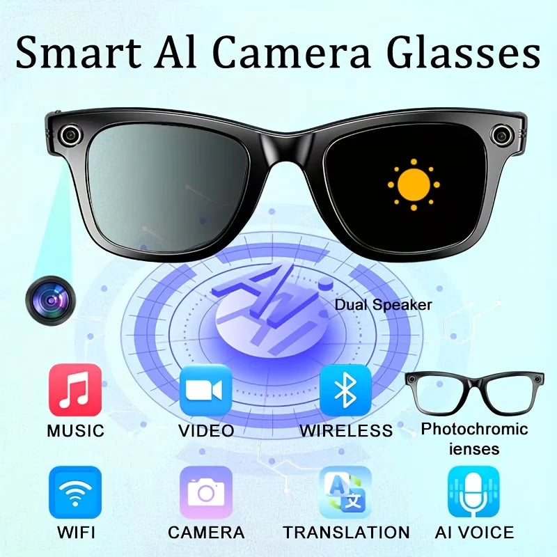 AI Smart Video Glasses with Camera and Photo Capabilities, featuring an 8MP camera, 1080P HD video recording, 4K resolution,