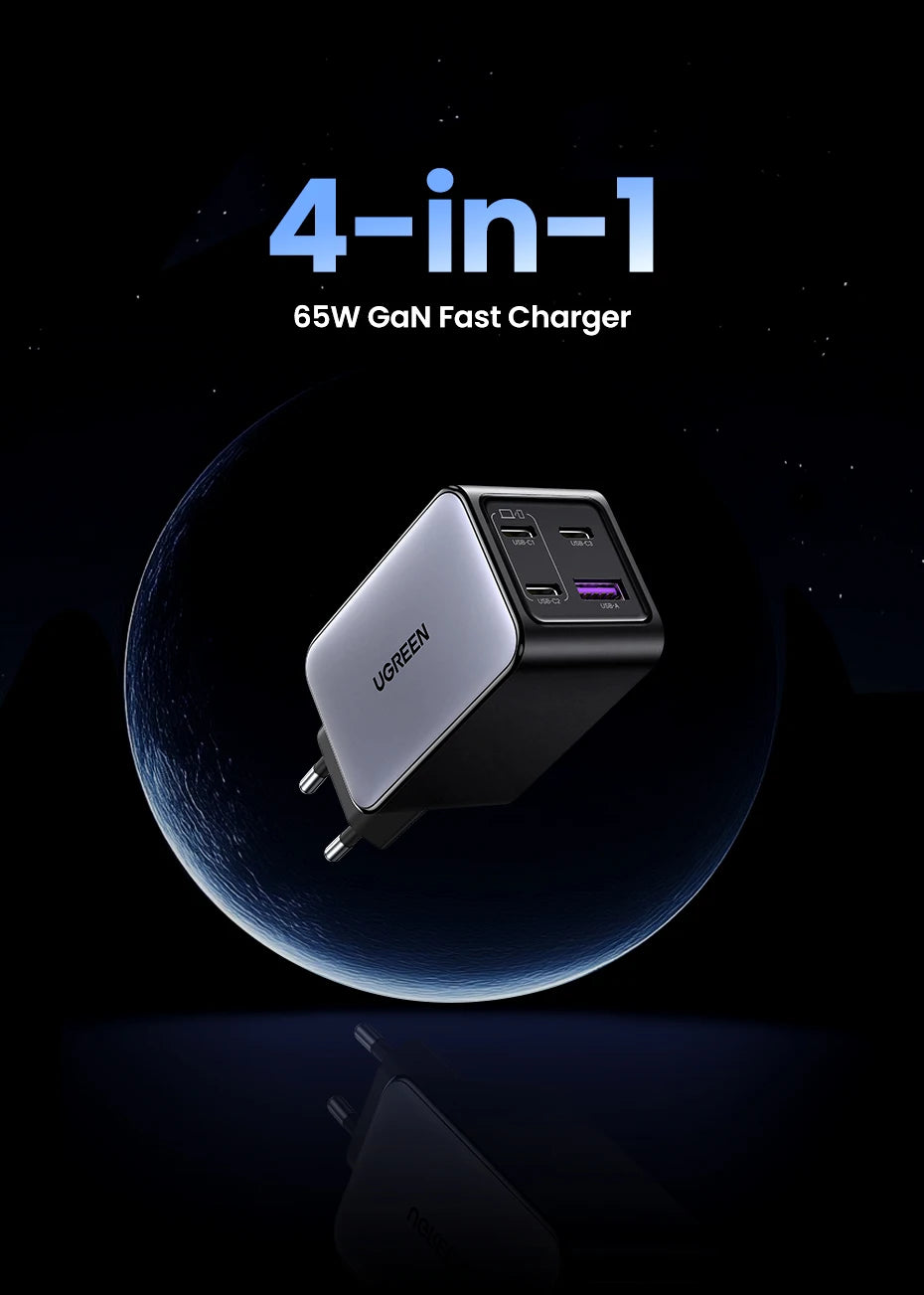 UGREEN 65W GaN Charger 4 Ports USB C Fast Charger Quick Charge 3.0 PD 3.0 For Macbook Air Laptops Tablet iPhone 17 16 15 Pro Max