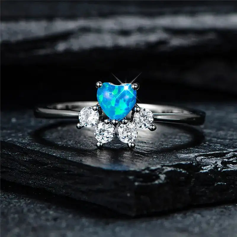 Anillo de ópalo de fuego azul - Joyería de boda con forma de corazón para mujer